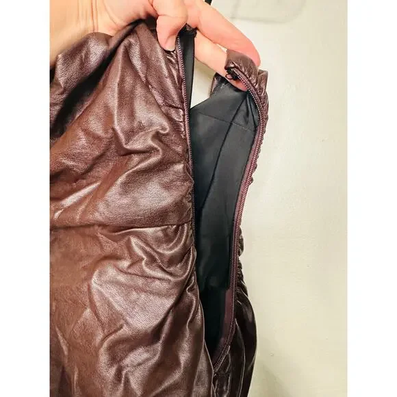 A.L.C. Brown Faux Leather Sleeveless Strapless Ruched Side Cutout Andie Dress 8 - Picture 15 of 16